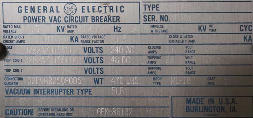 1200 Amp, GE, VB1, 15 KV, 1992,Power Circuit Breaker