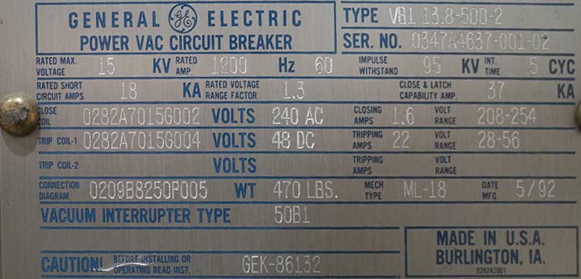 1200 Amp, GE, VB1, 15 KV, 1992,