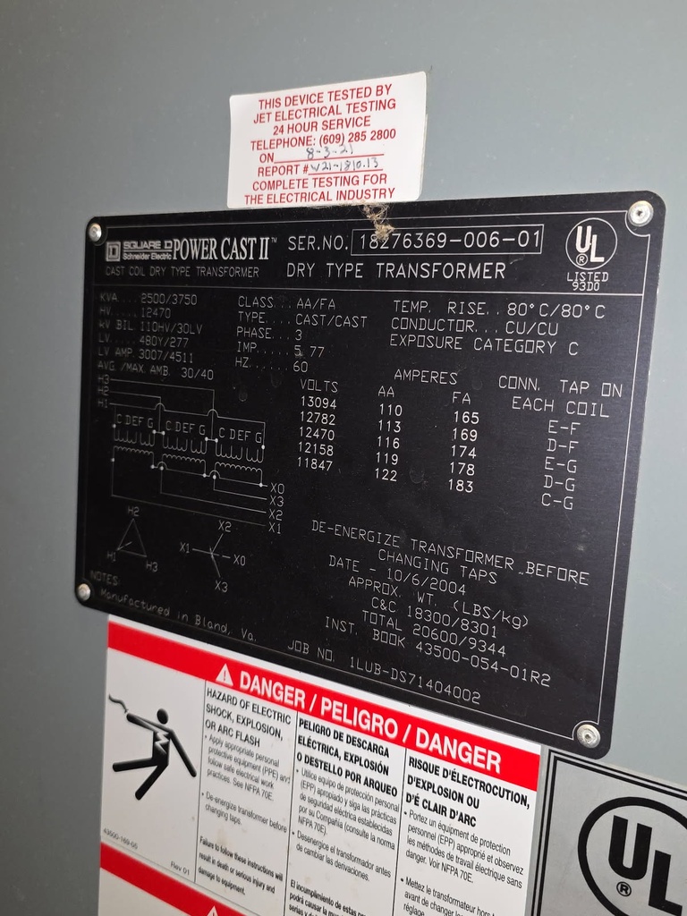 2500/3750 KVA, Pri 12470D, Sec 480Y/277, SQUARE D, INDOOR CAST COIL