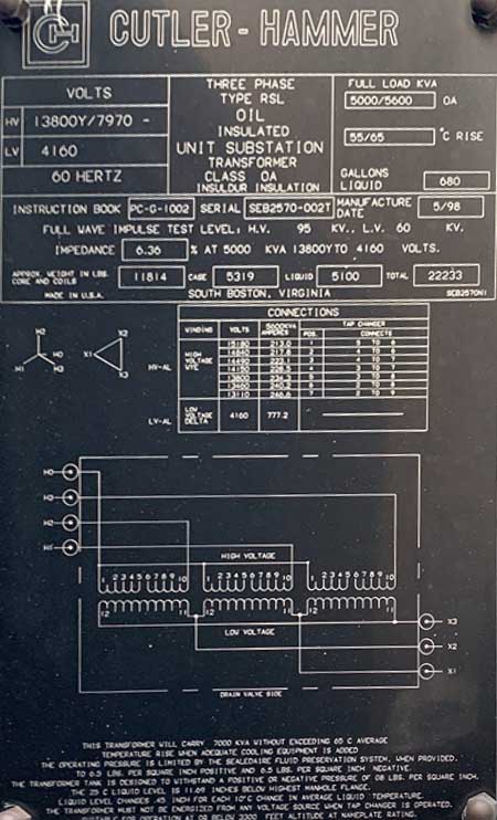 5/5.6 KVA, Pri 13800 Y, Sec 4160 D, GSU CUTLER HAMMER SUBSTATION TRANSFORMER