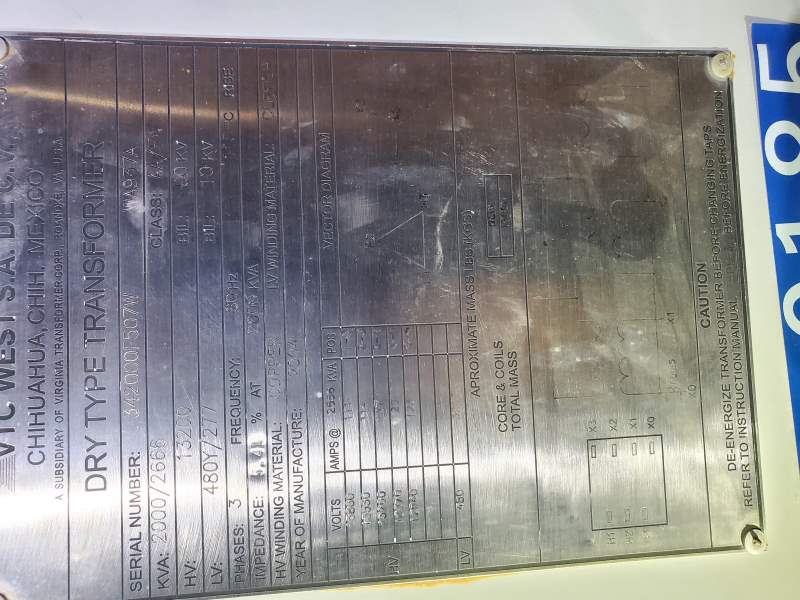 2000/2666 KVA, Pri 13200 D, Sec 480 Y, VTC WEST DRY TYPE TRANSFORMER