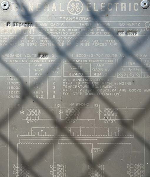 7500/9375 KVA, Pri 115000 DELTA, Sec 12470Y/7200 GE SUBSTATION TRANSFORMER