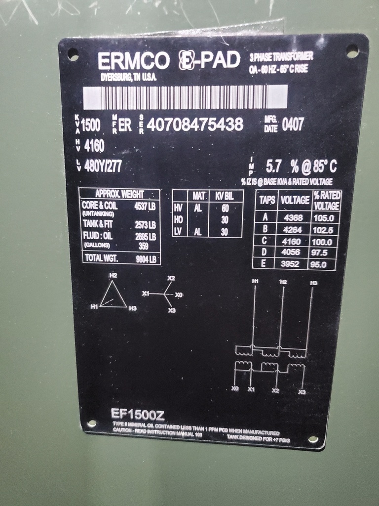 1500 KVA, Pri 4160 D, Sec 480 Y/277, 2007, RADIAL FEED, LIVE FRONT