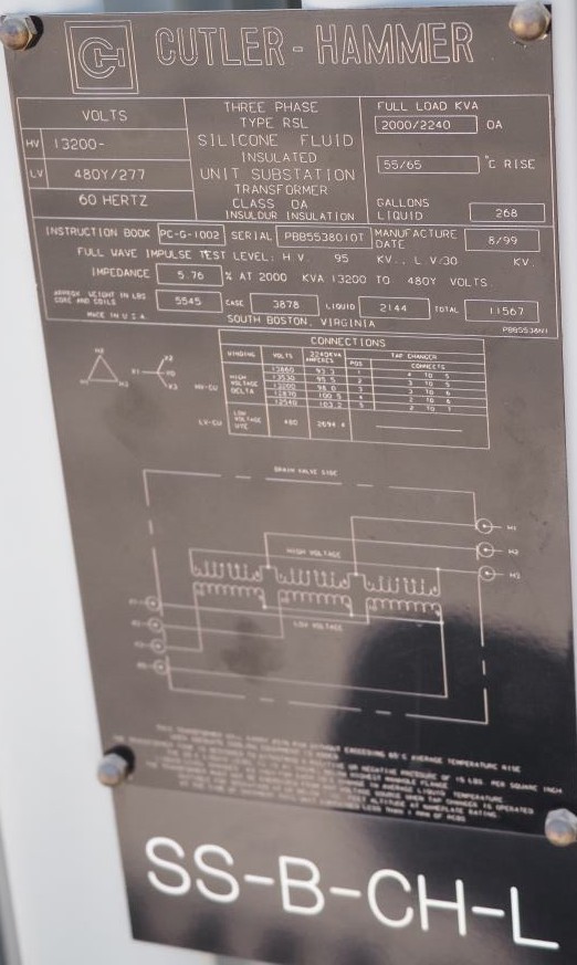 2000 KVA, Pri 13200 D, Sec 480 Y/277, 1999, CUTLER HAMMER, SILICONE SUBSTATION
