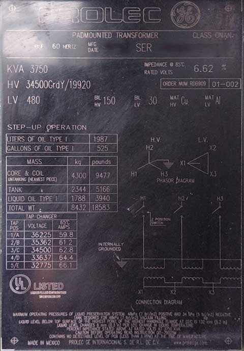 3750 KVA, Pri 34500 GRDY, Sec 480 D, GE PROLEC PADMOUNT TRANSFORMER, DF/RF