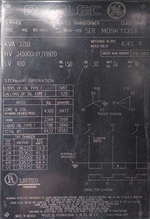 3750 KVA, Pri 34500 Y, Sec 480 D, GE PROLEC PADMOUNT TRANSFORMER, DF/RF
