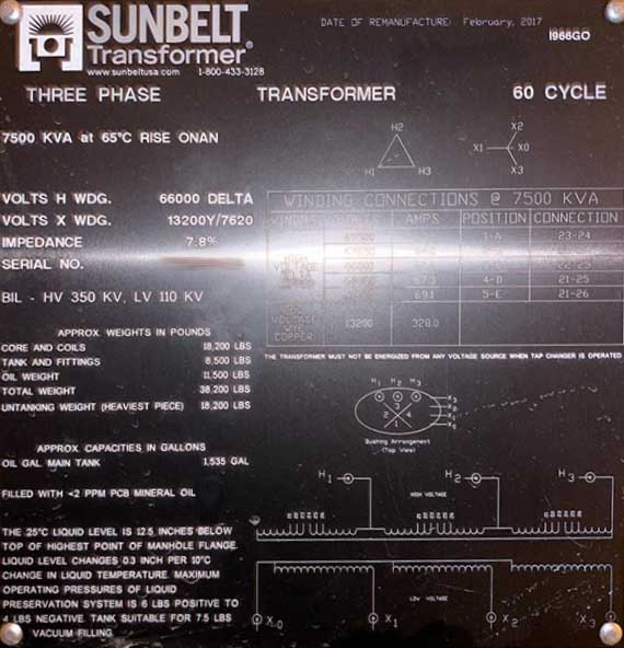 7500 KVA, Pri 66000 DELTA, Sec 13200 Y, SUNBELT SUBSTATION TRANSFORMER
