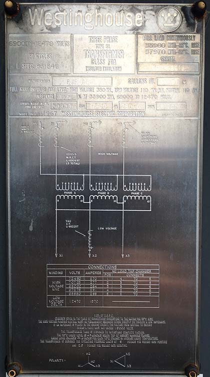 33900 KVA, Pri 69000 Y, Sec 12470 D, GSU WESTINGHOUSE SUBSTATION TRANSFORMER