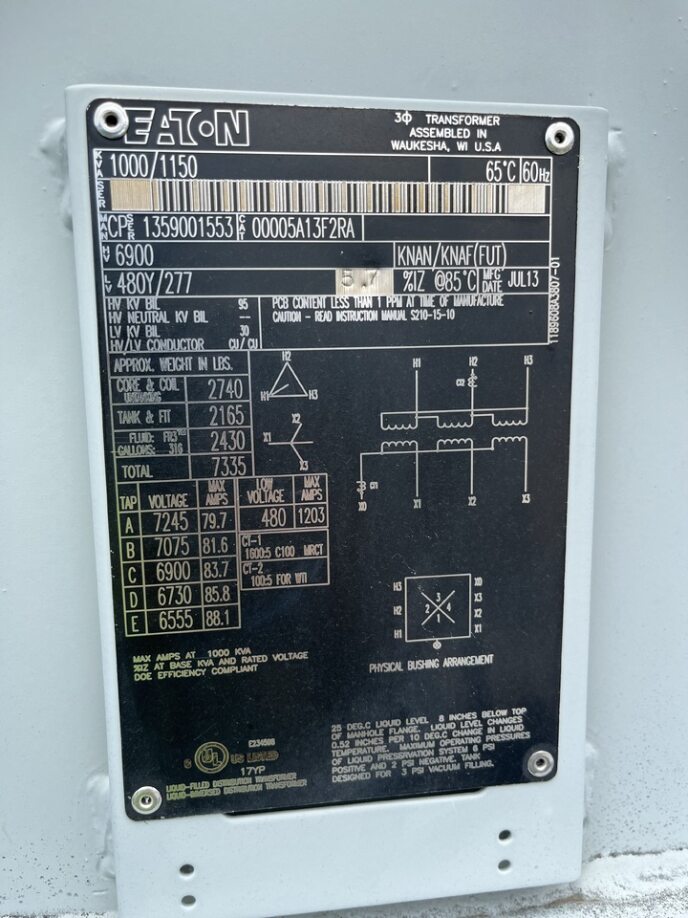 1000 KVA, Pri 6900 D, Sec 480 Y, EATON SUBSTATION TRANSFORMER:10