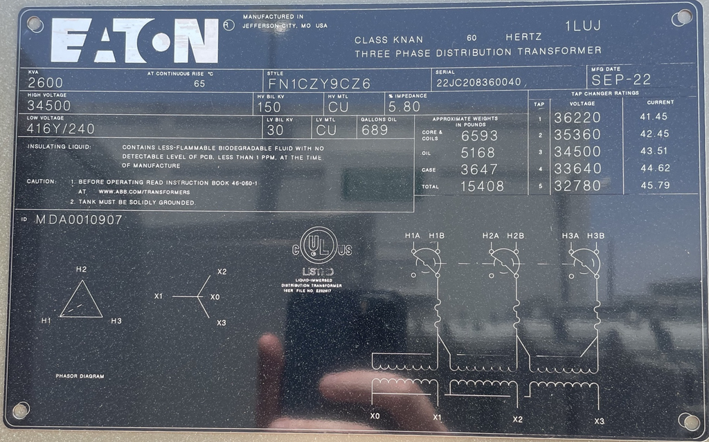 2600 KVA, Pri 34500 D, Sec 416 Y, EATON PADMOUNT TRANSFORMER:38, NEW