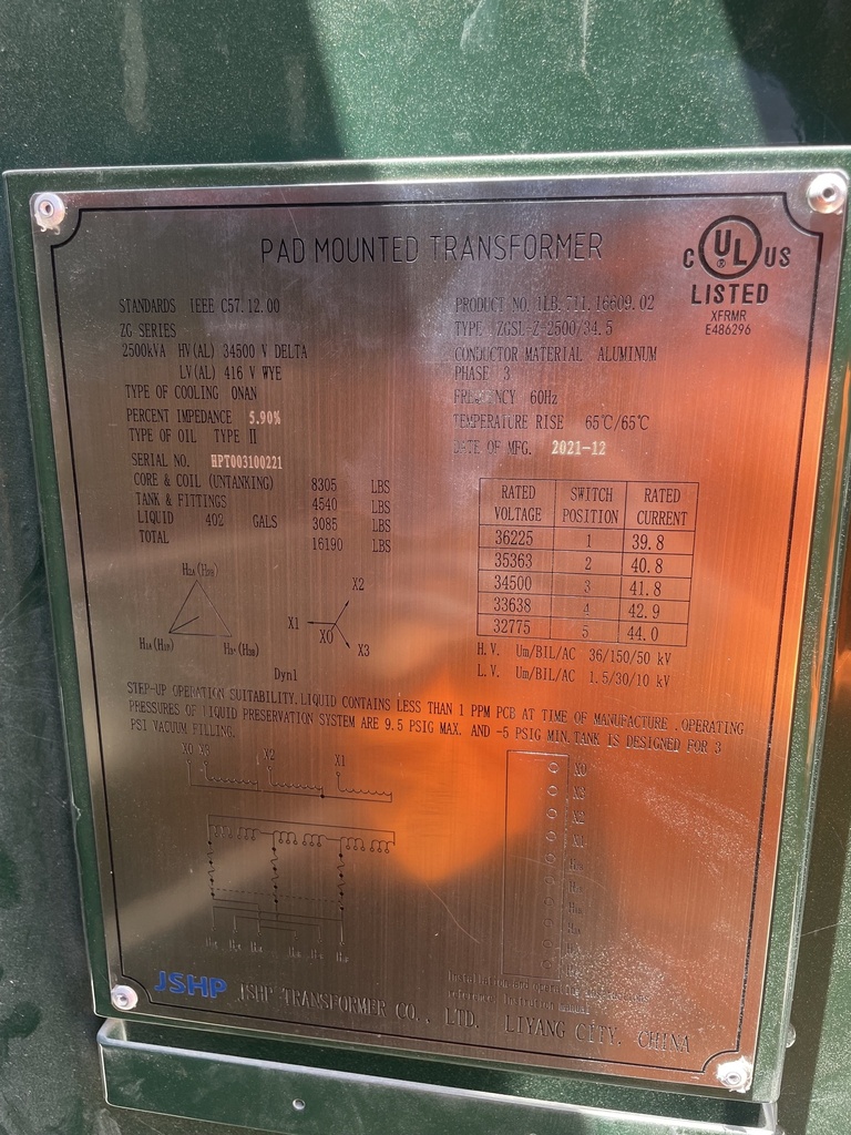 2500 KVA, Pri 34500 D, Sec 416 Y, JSHP PADMOUNT TRANSFORMER:24, USED
