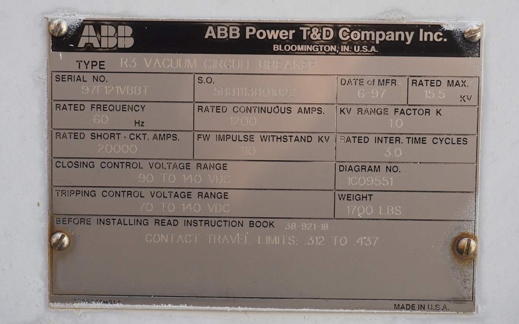 1200 Amp, ABB, R3, 15.5 KV, 1997, VACUUM, 125VDC C+T, 20kA SHORT