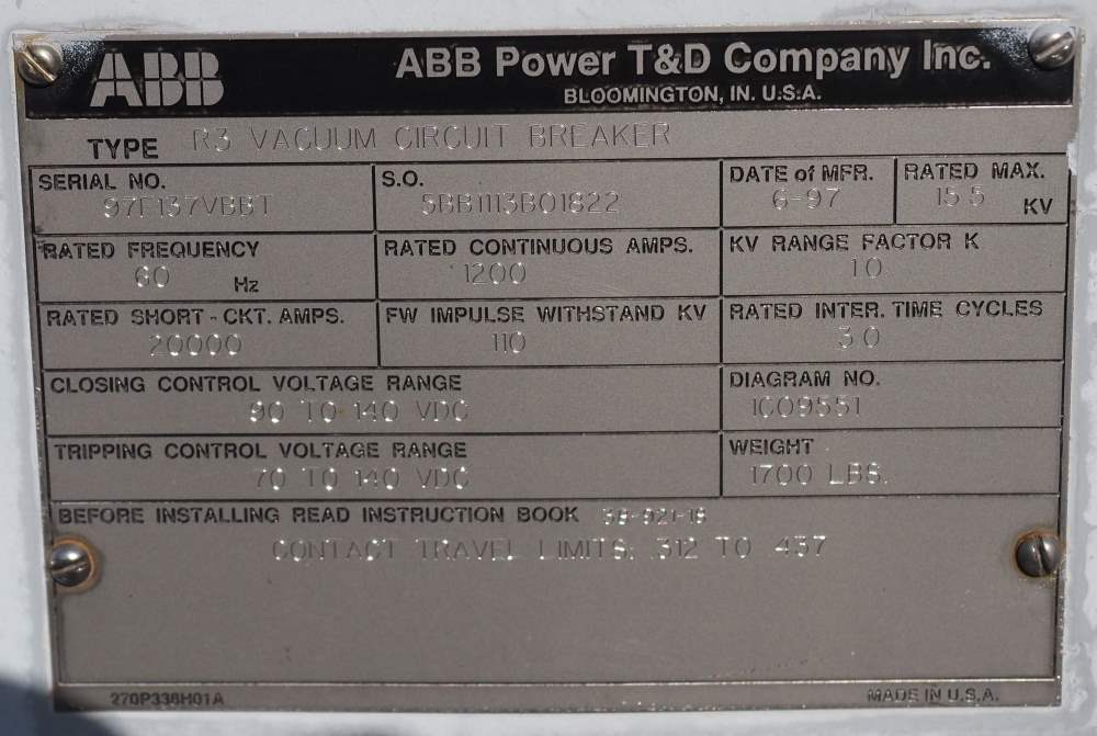 1200 Amp, ABB, R3, 15.5 KV, VACUUM, 125VDC C+T, 20kA SHORT