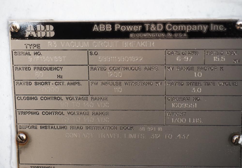 1200 Amp, ABB, R3, 15.5 KV, VACUUM, 125VDC C+T, 20kA SHORT