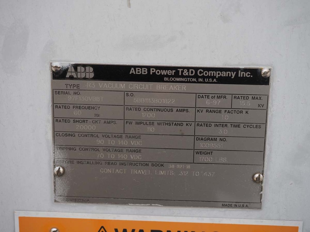 1200 Amp, ABB, R3, 15.5 KV, VACUUM, 125VDC C+T, 20kA SHORT