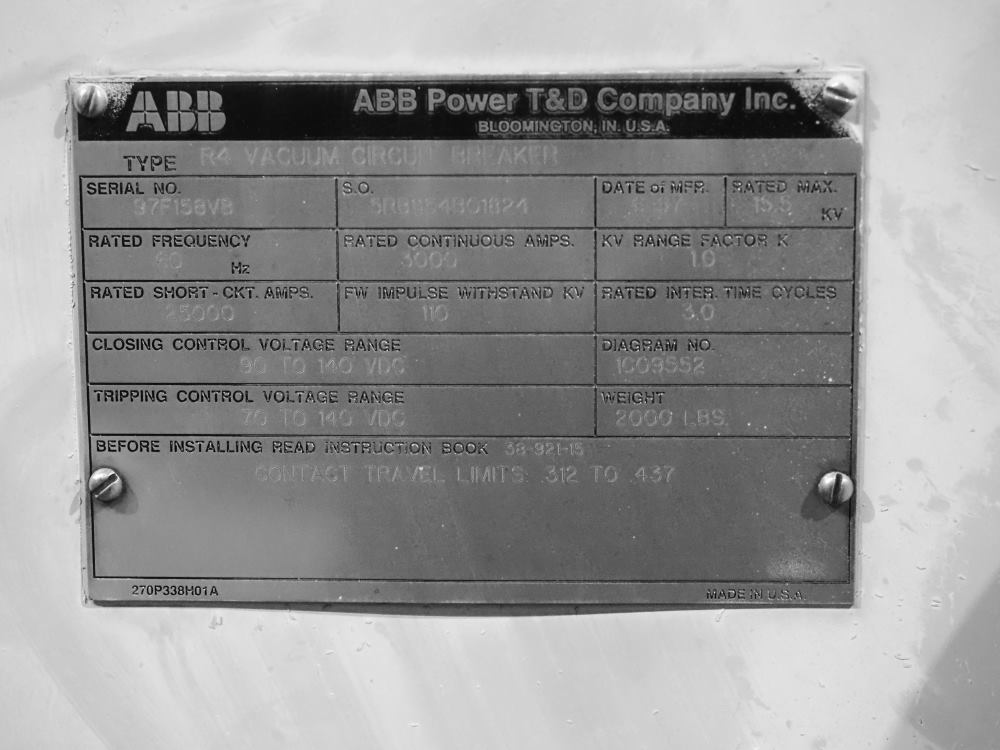 3000 Amp, ABB, R4, 15.5 KV, VACUUM, 125VDC C+T, 25kA SHORT