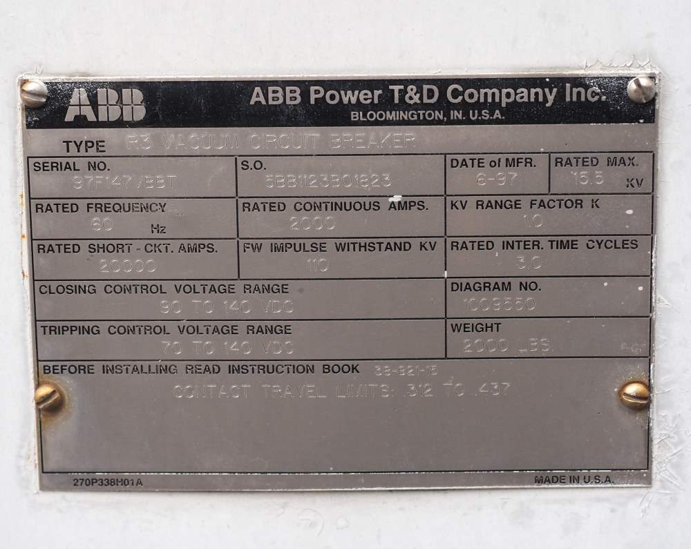 2000 Amp, ABB, R-3, 15.5 KV, VACUUM, 125VDC C+T, 20kA SHORT