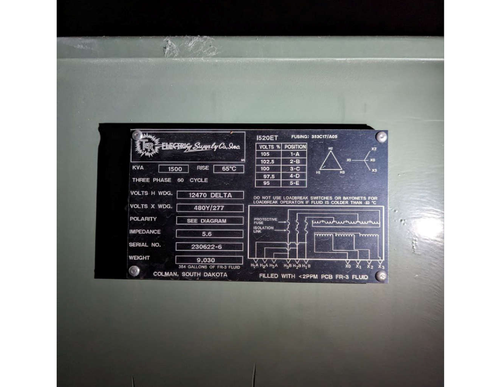 1500 KVA, Pri 12470 D, Sec 480 Y, T&R ELECTRIC FR3 FILLED PADMOUNT TRANSFORMER