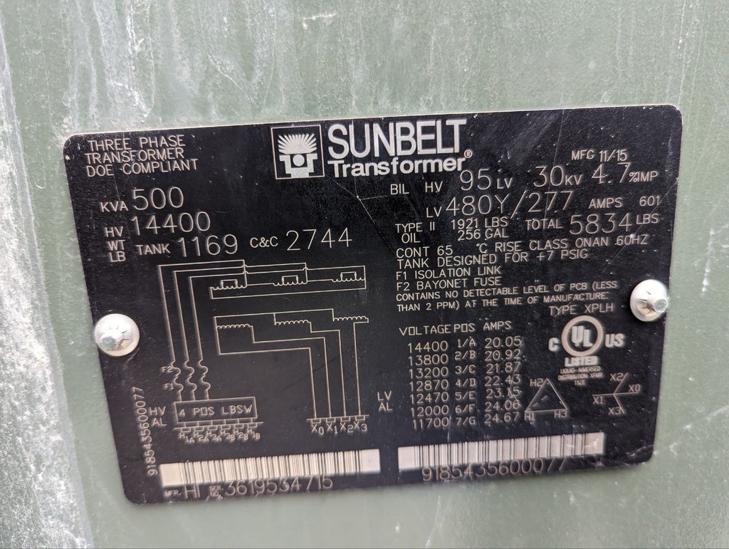 500 KVA, Pri 14400 D, Sec 480 Y, DF/RF SUNBELT PADMOUNT TRANSFORMER W/J-TAPS