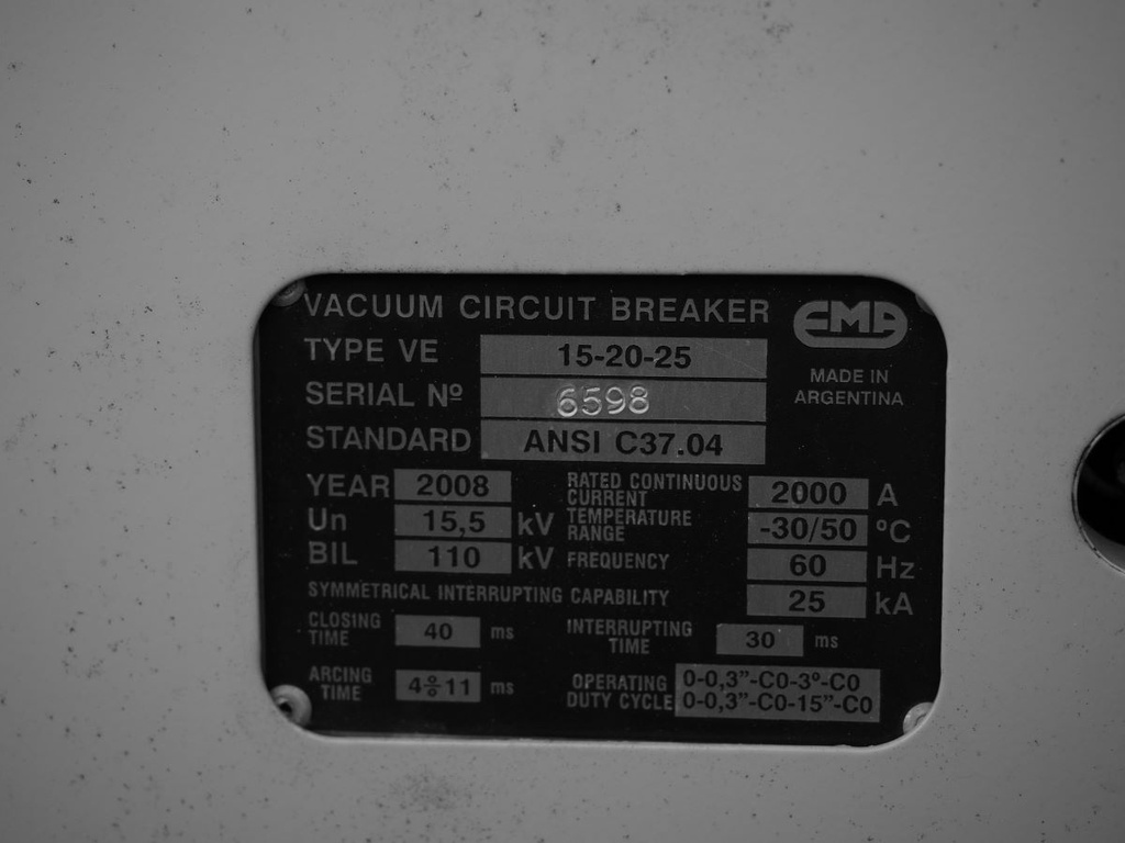 2000 Amp, EMA, No. VDH-15kV, 15500 V., Vacuum, 25kA Short, Unused