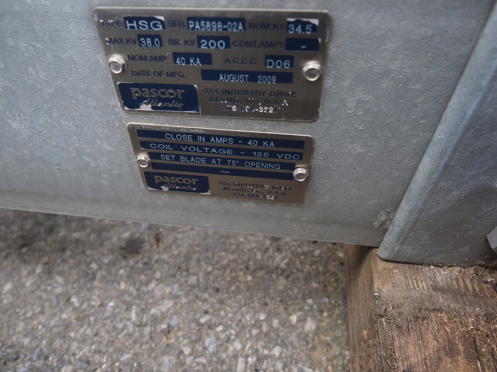 1600 Amp, PASCOR ATLANTIC, No. A-7, 34500 V, 2009, Horizontal Mount, Side Break