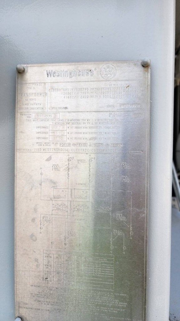 25/41.6MVA, Pri 230000 Y, Sec 13800Y x 4160Y WESTINGHOUSE SUBSTATION TRANSFORMER