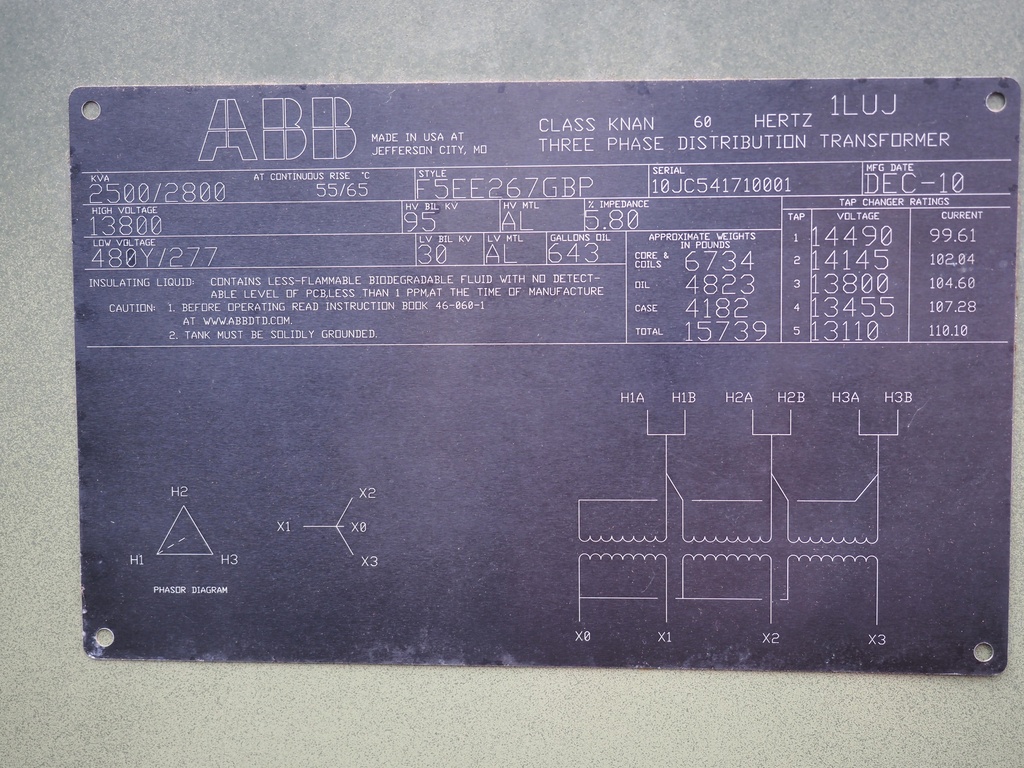 2500 KVA, Pri 13800 D, Sec 480 Y, 2010, ABB, Dead Front Loop Feed,