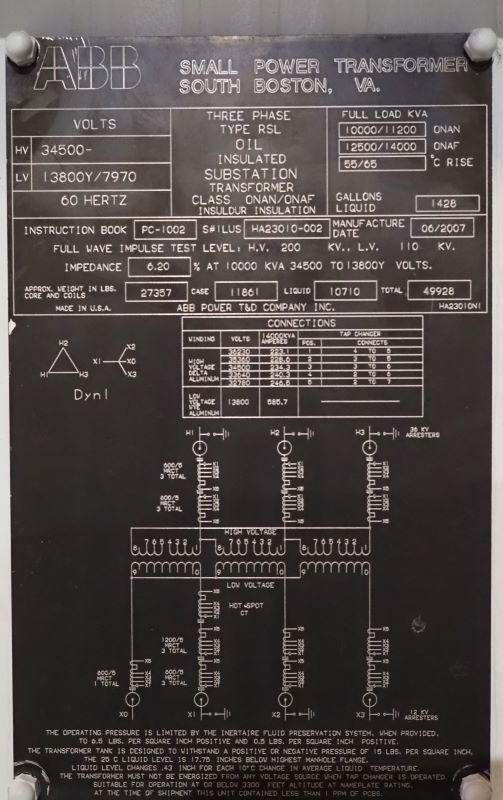 10000/14000 KVA, Pri 34500 D, Sec 138000 Y, 2007, ABB Substation Transformer