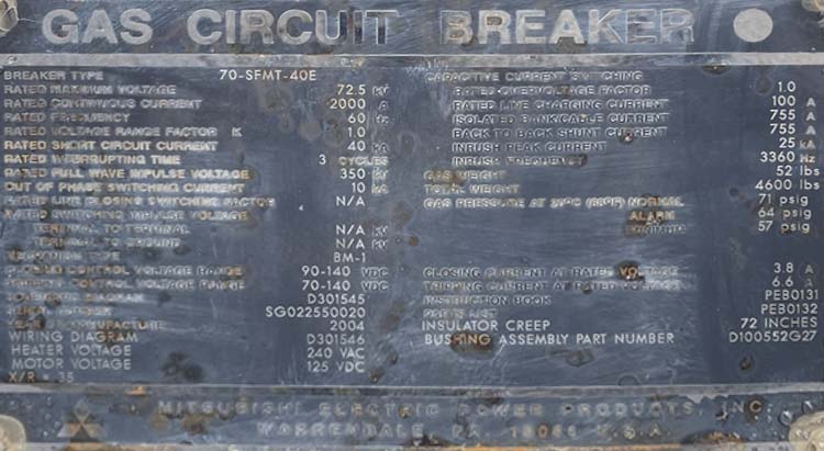 2000 Amp, MITSUBISHI, 70-SFMT-40E, 72.5 KV, 40 KAIC GAS CIRCUIT BREAKER