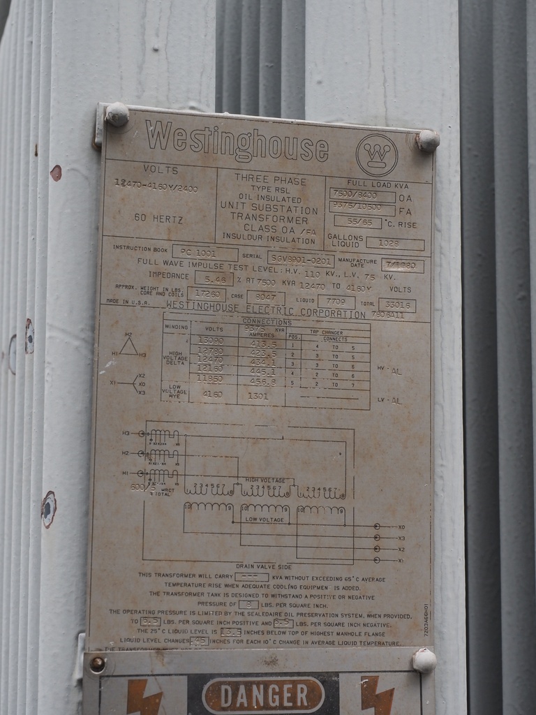 7500/8400 KVA, Pri 12470 D, Sec 4160 Y, WESTINGHOUSE SUBSTAITON TRANSFORMER