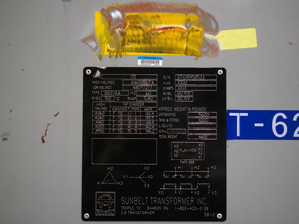 1000 KVA, Pri 4160 D, Sec 480 Y, ITE/Sunbelt, Open Wound, Indoor