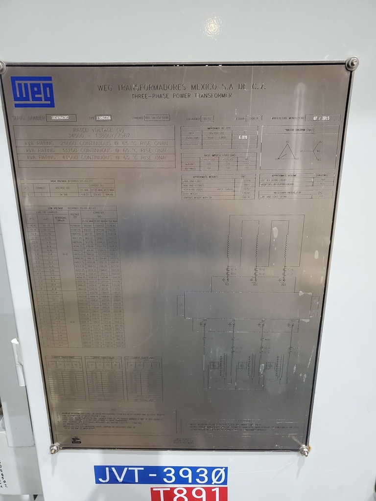 25/33.25/41.5 MVA Weg Transformer, 34500 Delta, 13800 Wye, LTC