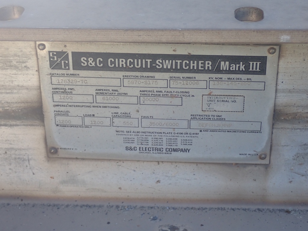1200 amp 138kv S&C Circuit Switcher, Cat No 178329-7C