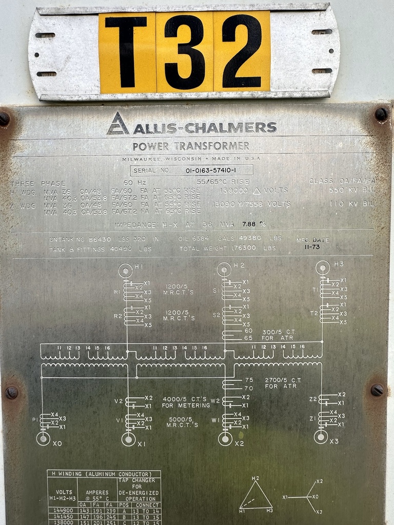 36/67.2 MVA 138000D - 13090Y Allis-Chalmers Power Transformer