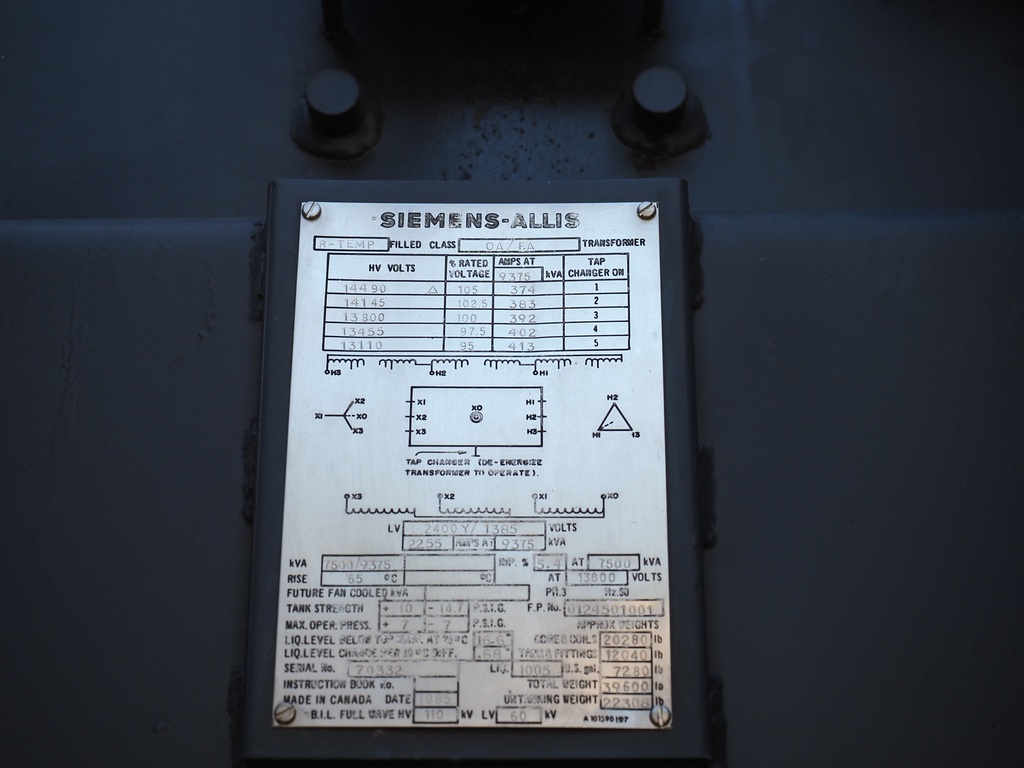 7500/9375 Siemens Allis 13800D - 2400Y R-Temp Substation Transformer