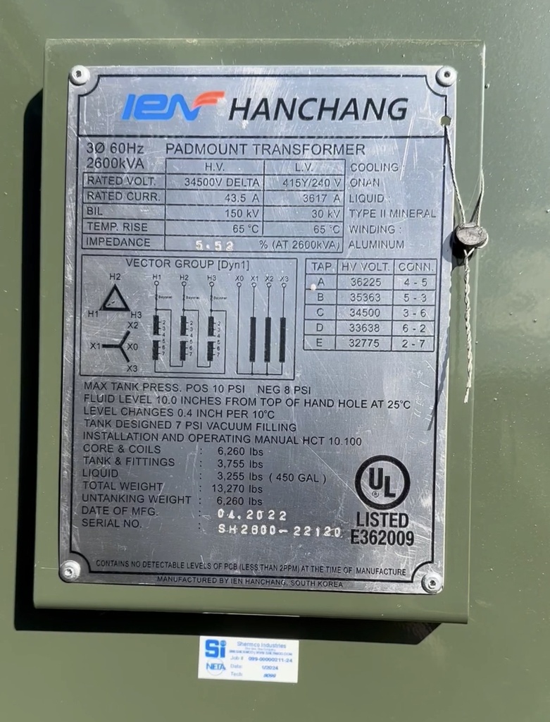 2600KVA Hanchang Padmount Transformer, 34500D - 415Y