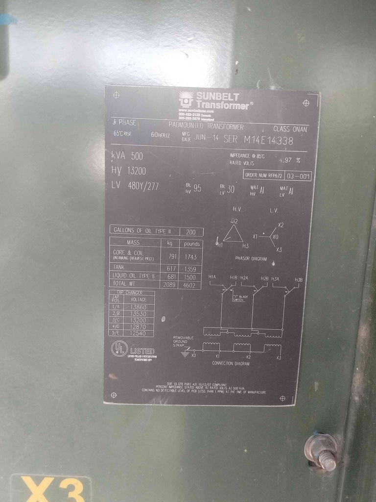 500KVA, 13200D - 480Y Padmount Sunbelt Transformer, LF/LF with Selector Switch