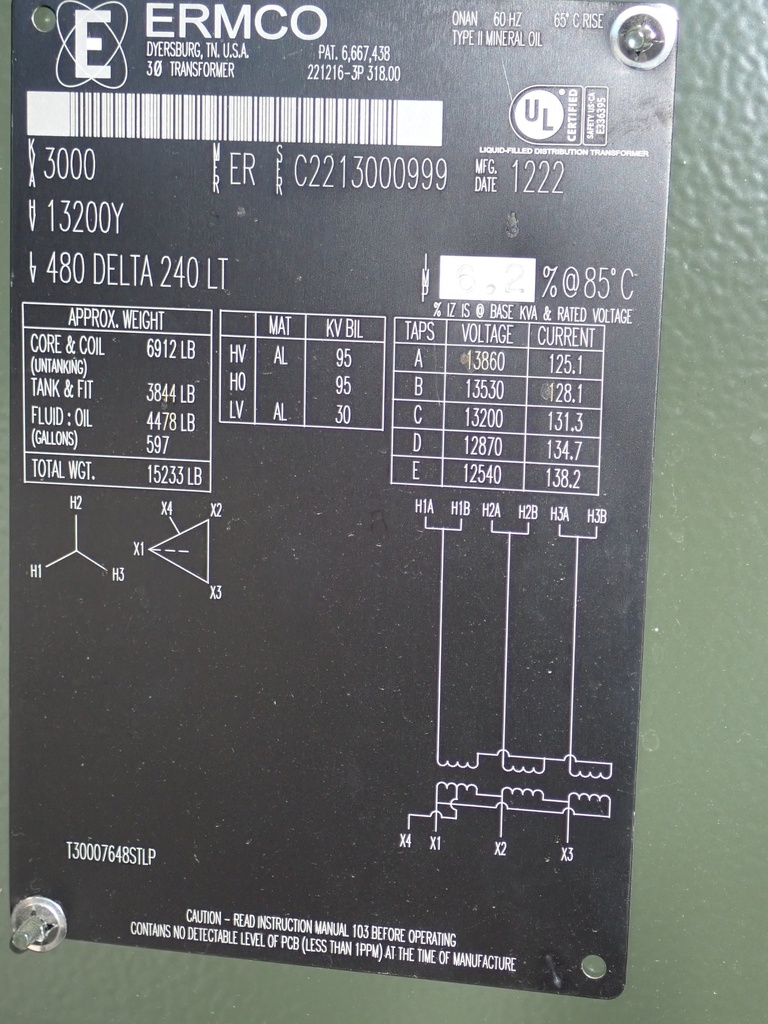 3000 KVA 13200Y 480D, ERMCO, Dead Front, Loop Feed,