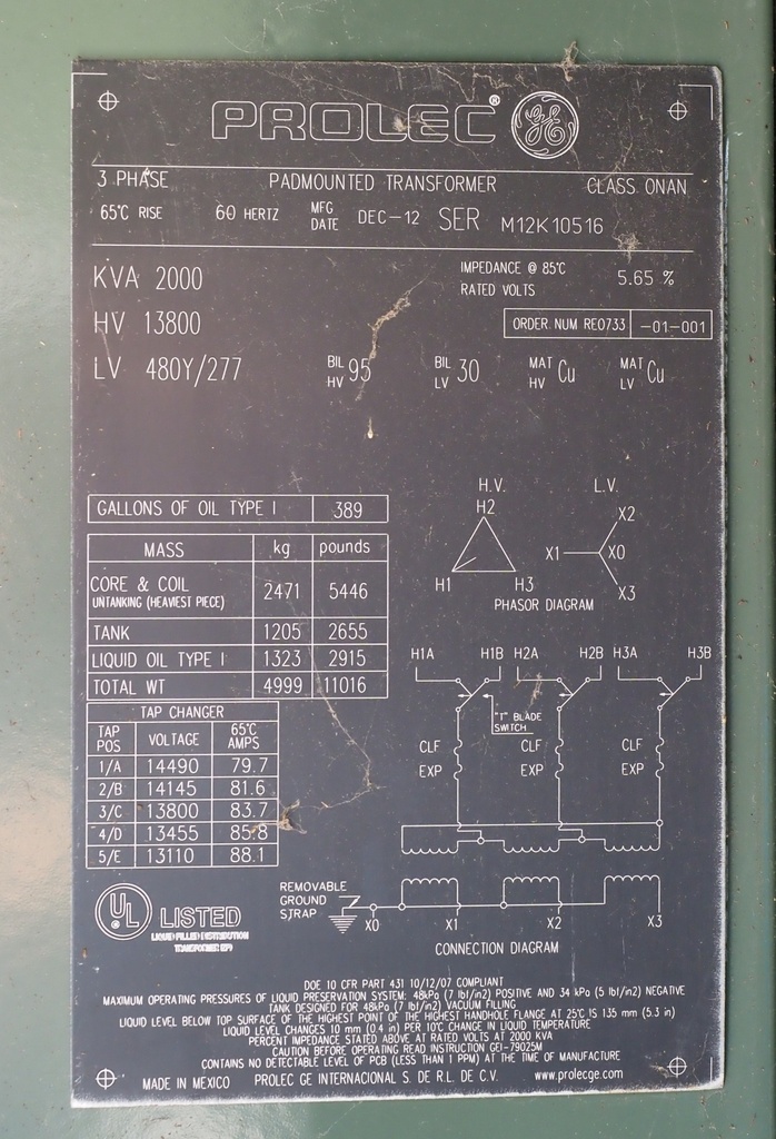 2000 KVA 13800D 480Y GE Prolec Transformer, Dead Front, Loop Feed
