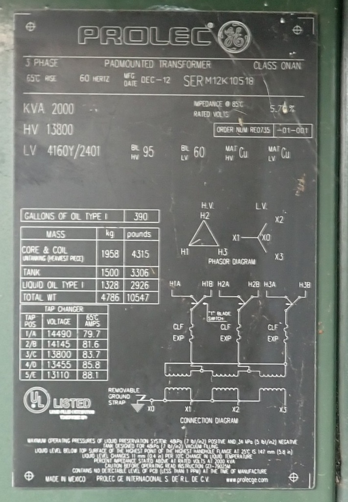 2000 KVA, 13800D 4160 Wye, GE Prolec Pad-Mount, Dead Front, Loop Feed, Copper Windings