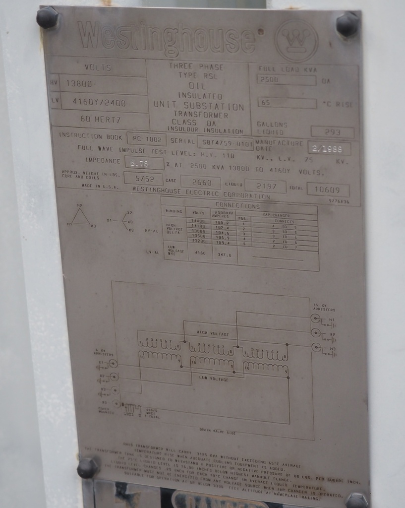 2500 KVA, 13800D 4160Y/2400, Westinghouse, Mineral Oil