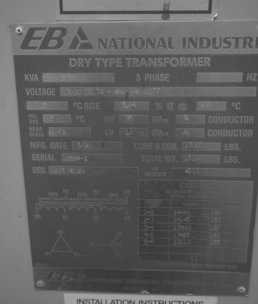 2500/3750 KVA 13800D-480GRDY/277, EB National Industri Cast-Coil, Indoor