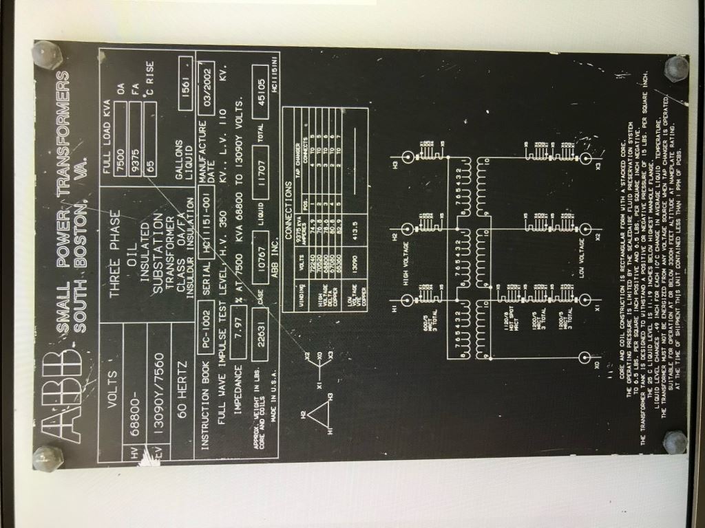 7500 KVA, 68800D- 13090Y/7550 ABB Substation Transformer, Mineral Oil