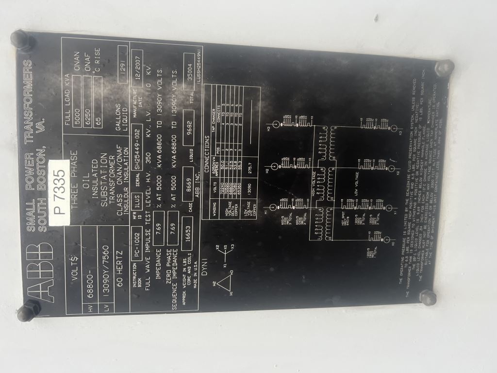 5000 KVA, 68800D- 13090Y/7550 ABB Substation Transformer, Mineral Oil