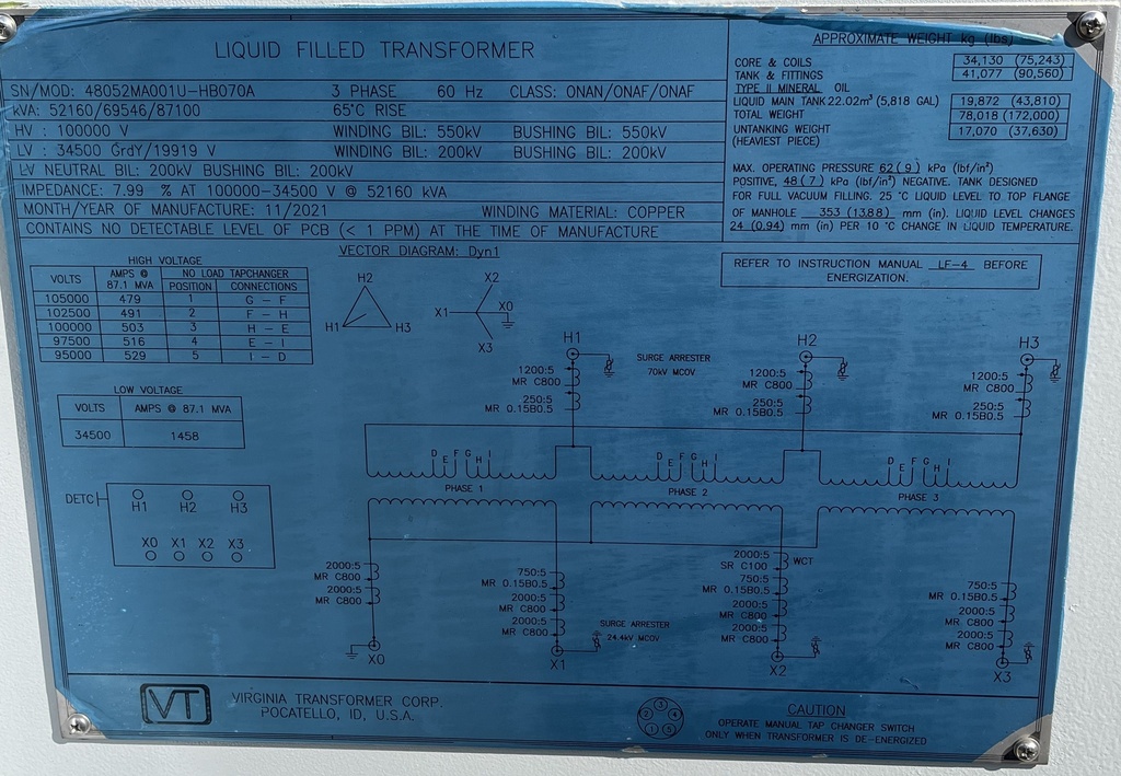 52160/69546/87100 KVA, 100KV D - 34.5KV GRDY Virginia Substation Transformer