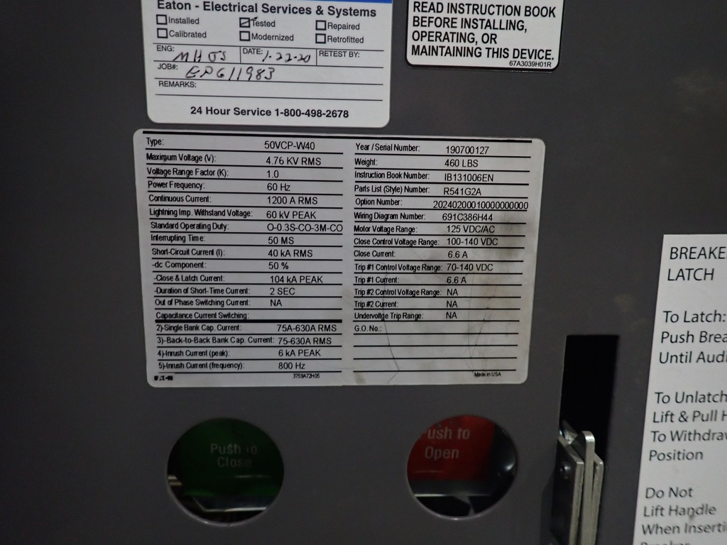 1200 Amp 4.76 kV Eaton Vacuum Circuit Breaker, 50VCP-W40, 125 VDC C+T