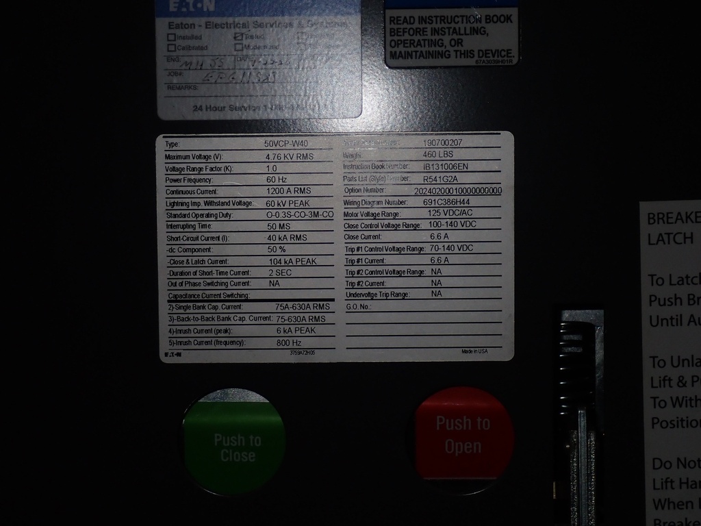 1200 Amp 4.76 kV Eaton Vacuum Circuit Breaker, 50VCP-W40, 125 VDC C+T