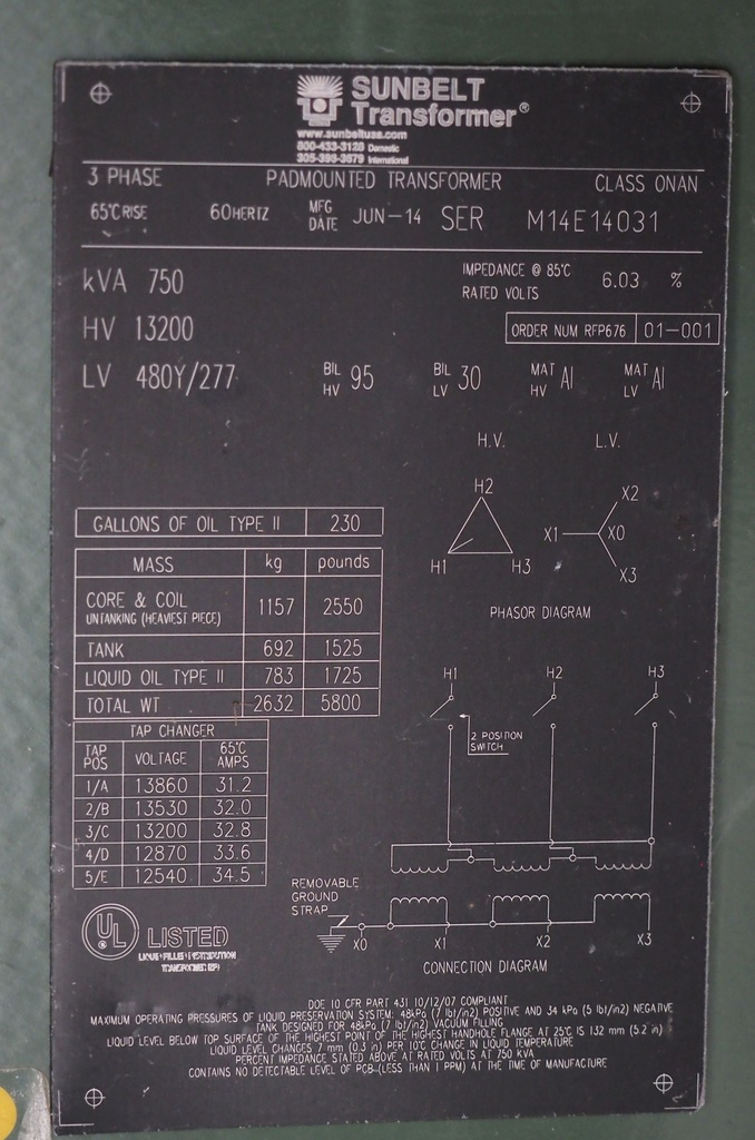 750 KVA 13200D- 480Y/277 Sunbelt Pad-mount Transformer, Live Front, Radial Feed