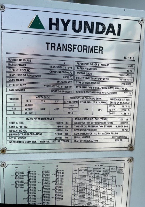 41.25/55/68.75 MVA 230KV Y - 6900Y, 4160Y Split Secondary Hyundai LTC Substation Transformer