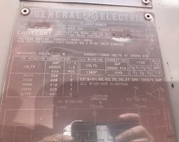 25 MVA 34500Y - 13800D General Electric GSU Substation Transformer